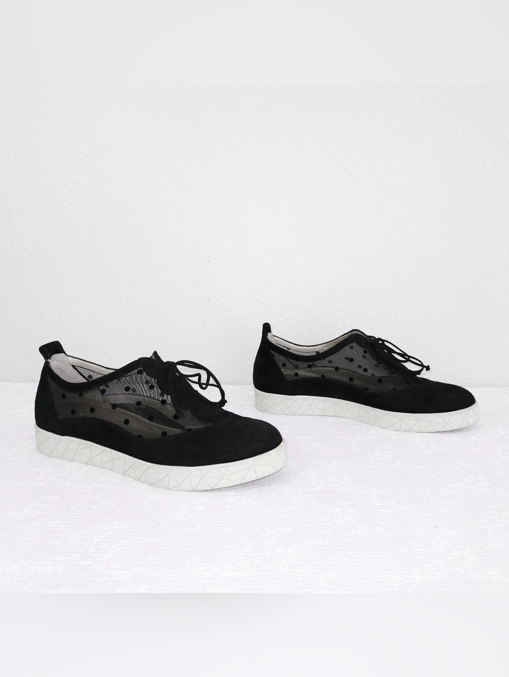 BeautiFeel Zhuri Sneakers Black Suede Polka Dot Sheer Mesh Lace-Up Flats